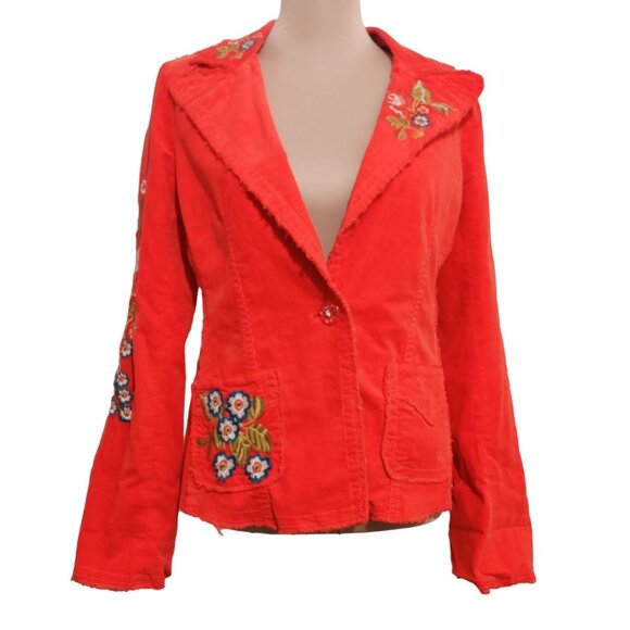 Johnny Was Los Angeles Womens Jacket Embroidered Floral Blazer Red Corduroy Sz M - Picture 1 of 10